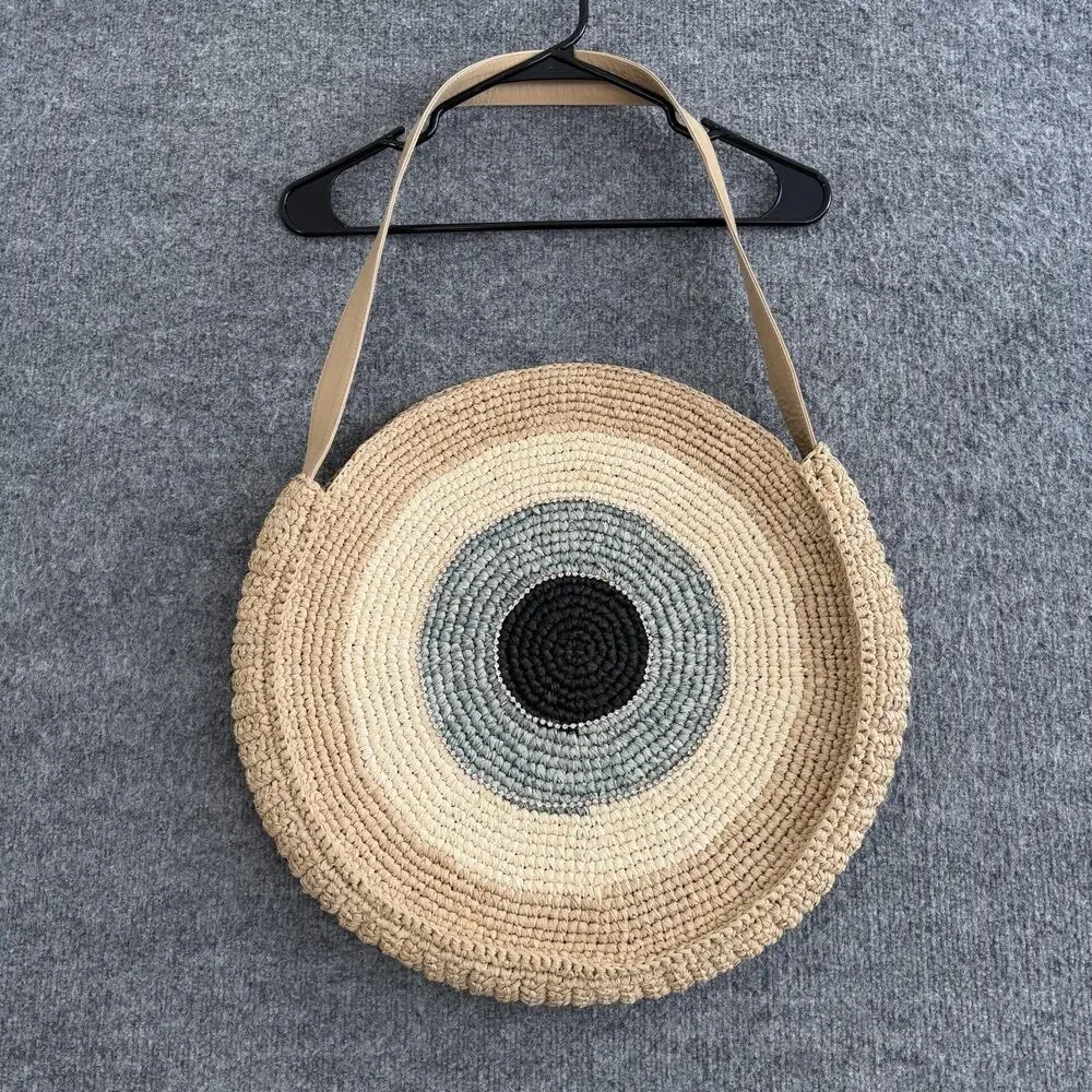 Skemo Round Straw Shoulder Bag Large Beige Evil Eye Rhinestone Boho Beach